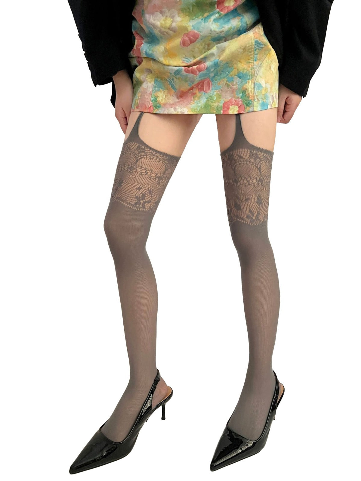 Vintage Lace Solid Suspender Pantyhose