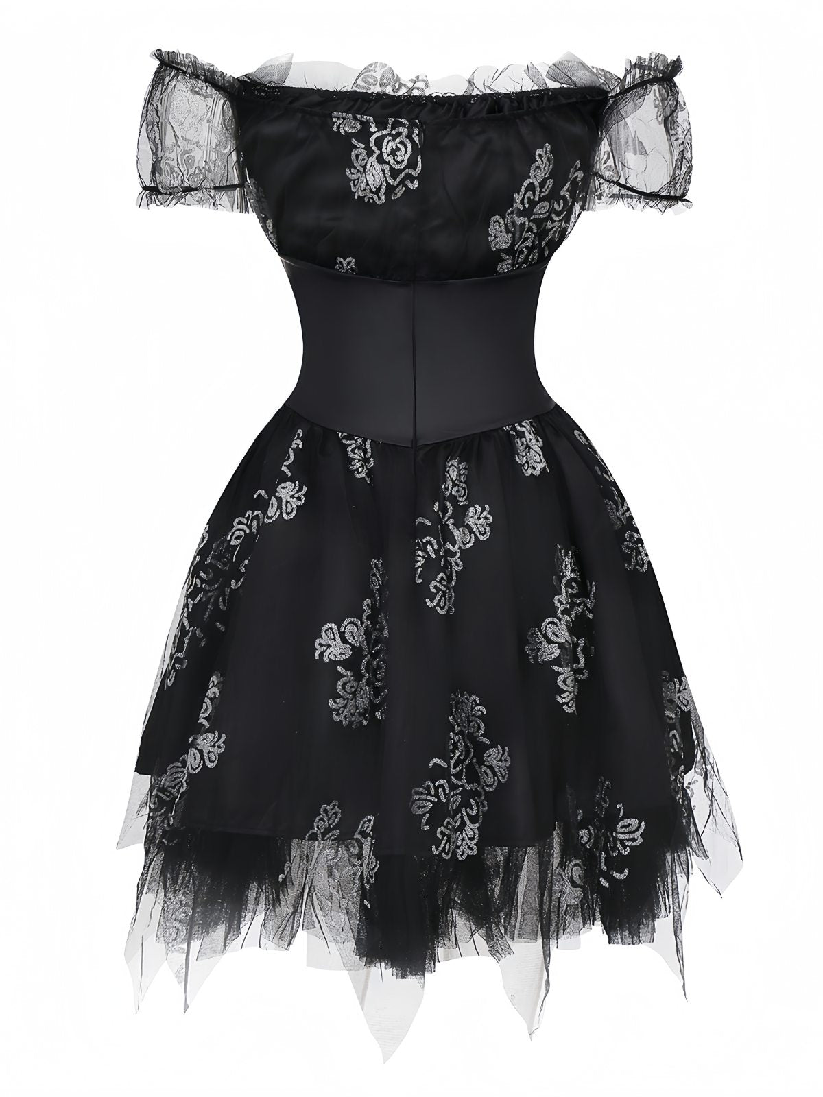 Black 1970s Vampire Bride Off-Shoulder Mesh Dress