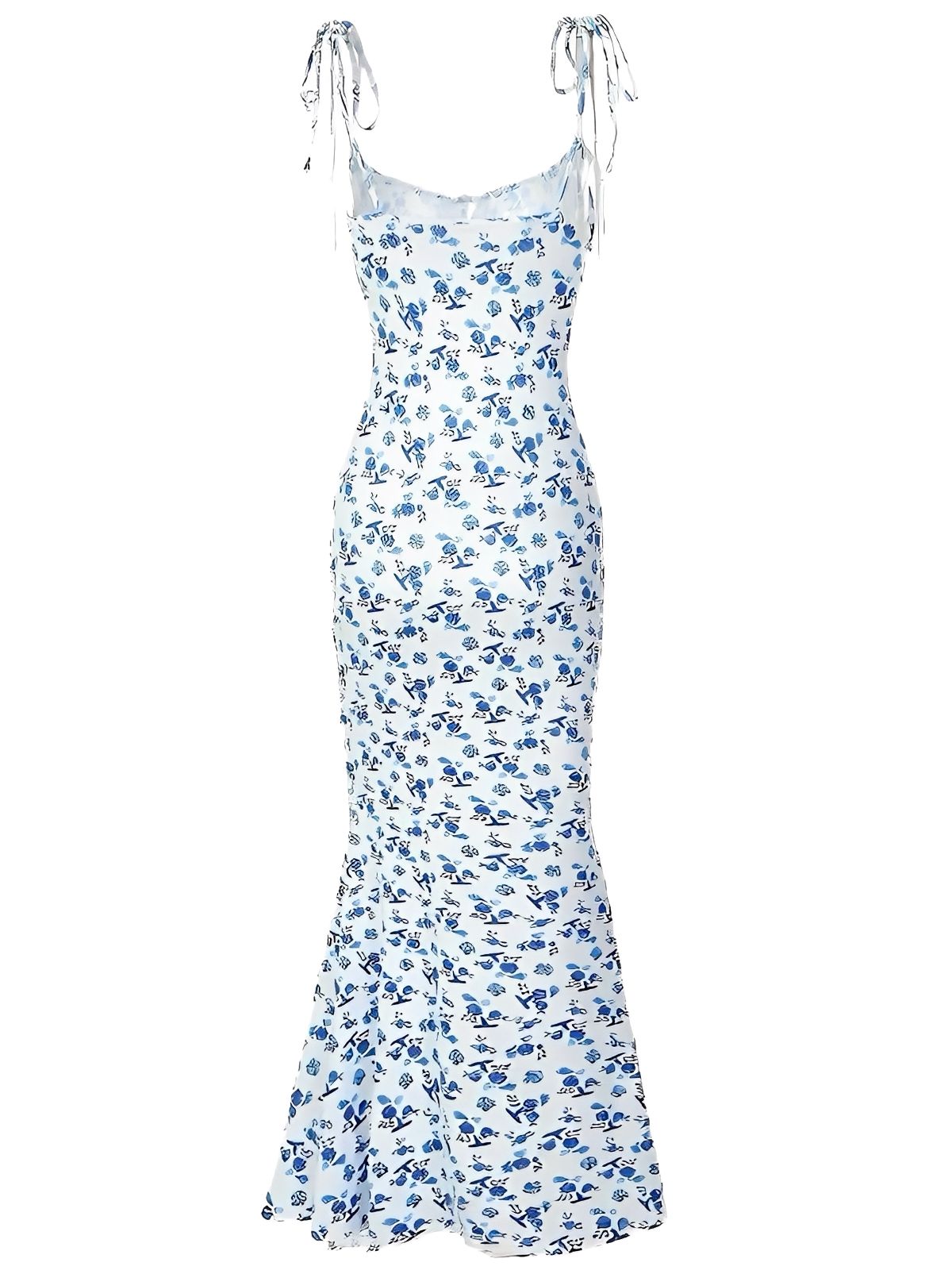 Blue 1930s Ditsy Floral Spaghetti Strap Fishtail Dress