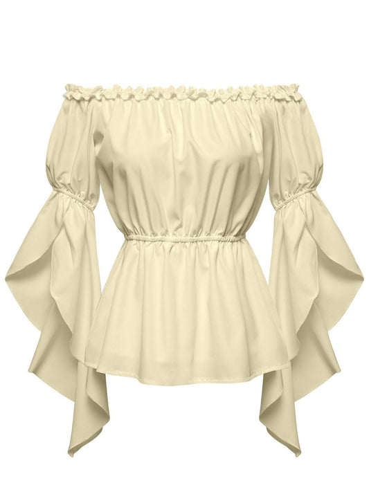 1930s Ruffled Bell Sleeve Off-Shoulder Solid Top