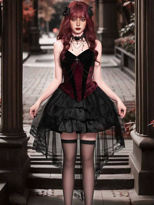 2PCS Red 1980s Gothic Cross Top & Lace Skirt