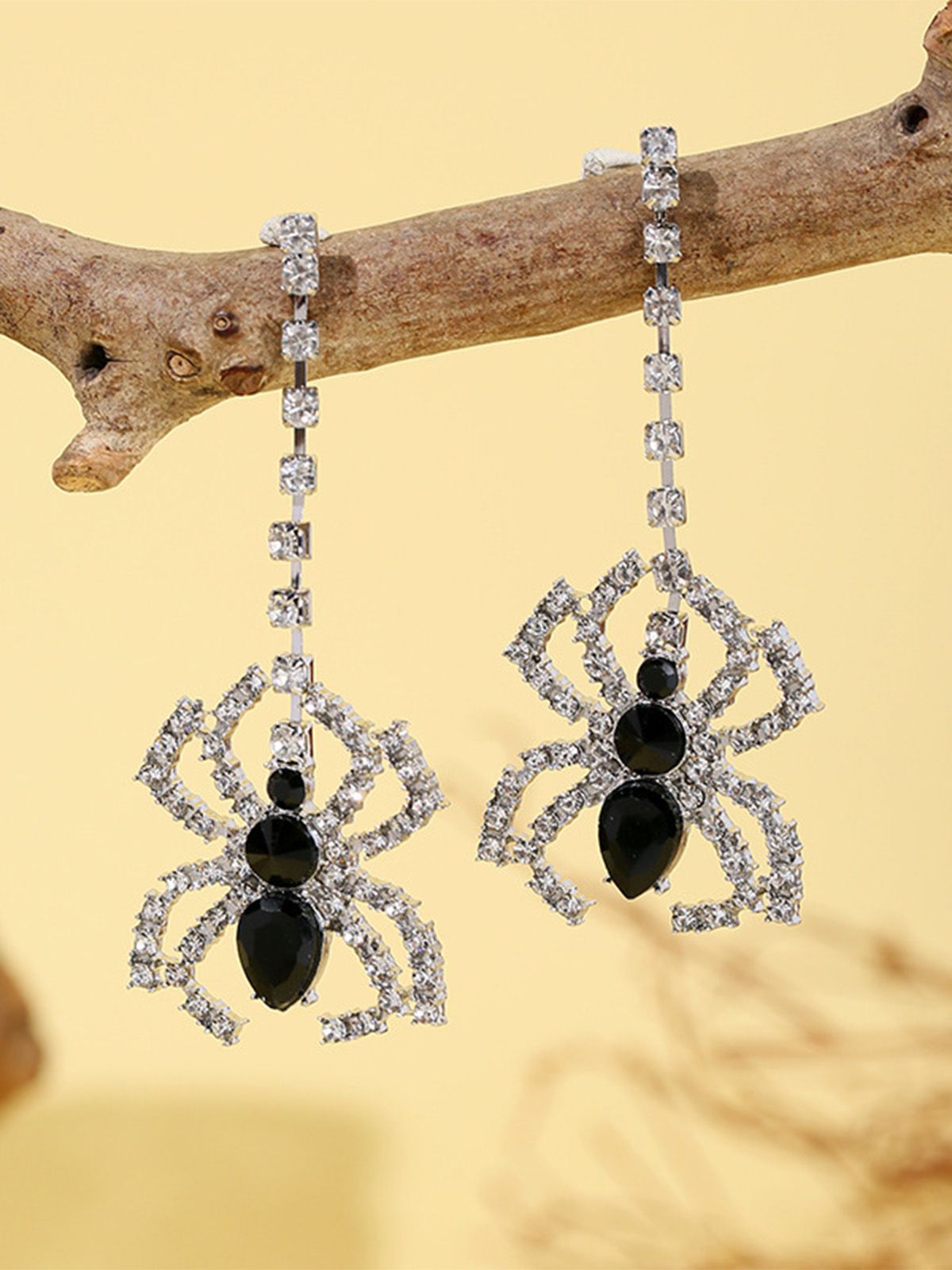 Silver Halloween Rhinestone Spider Drop Earrings