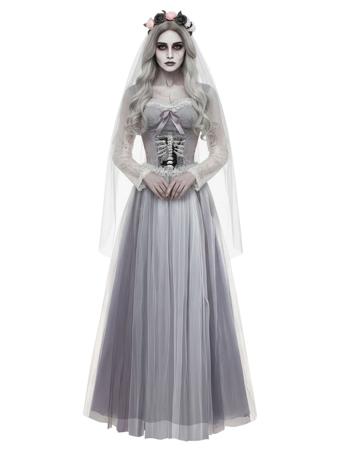 Grey 1930s Halloween Ghost Bride Mesh Dress