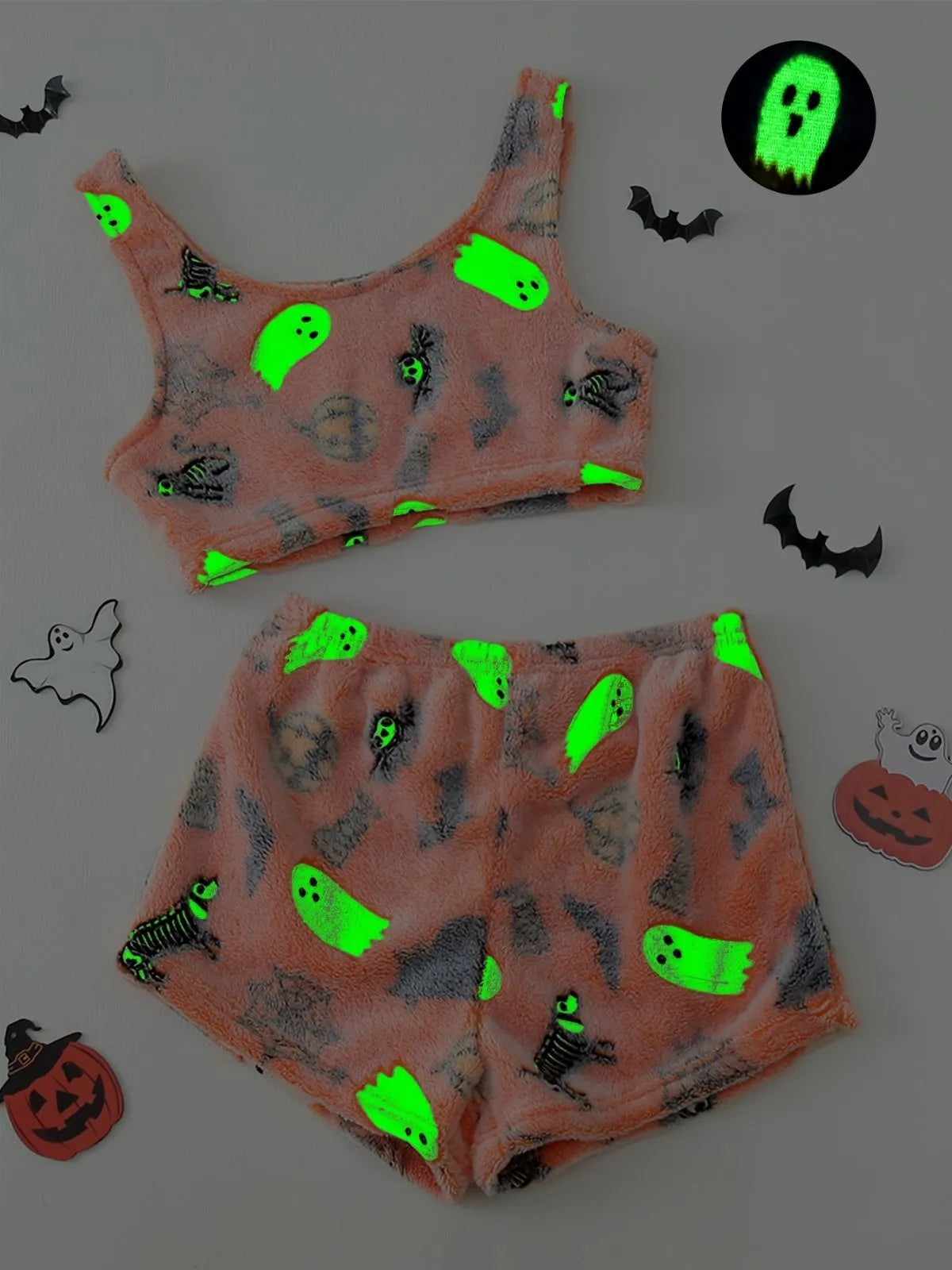 2PCS Orange 1970s Glowing Halloween Ghost Flannel Pajama Set