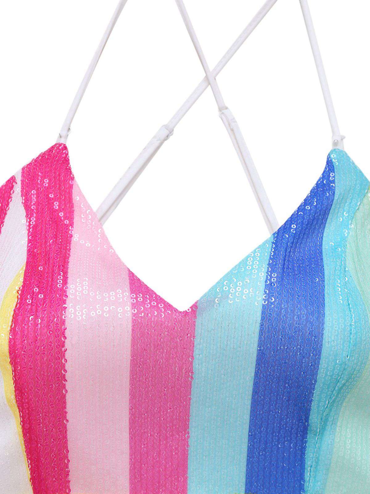 Multicolor 1960s V-Neck Sequined Vertical Striped Jumpsuit