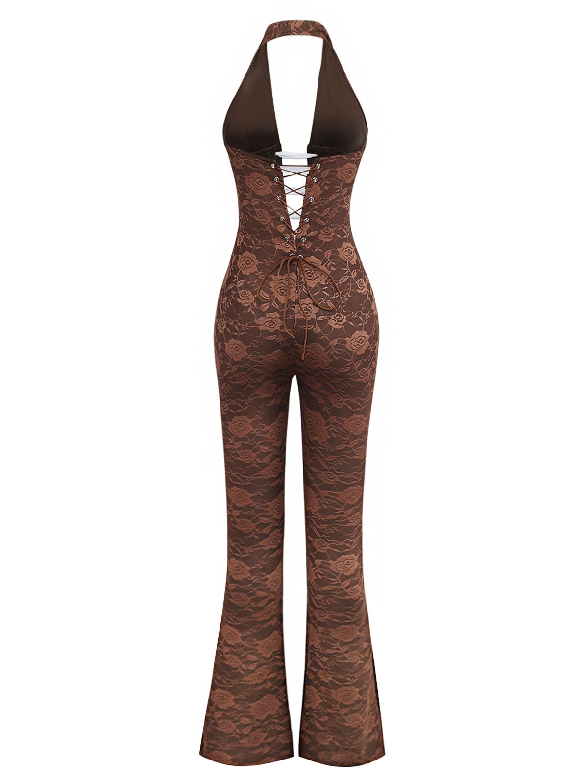 Brown 1970s Solid Lace-Up Floral Lace Jumpsuit