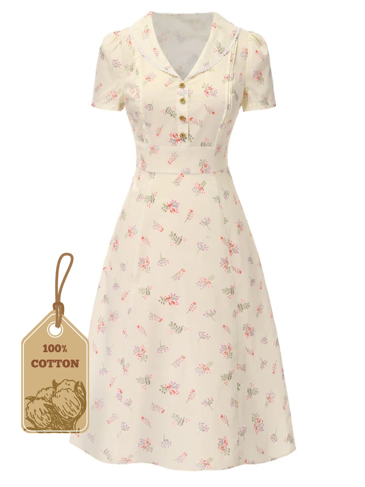 Pure Cotton Blue 1940s Puff Sleeves Floral Dress