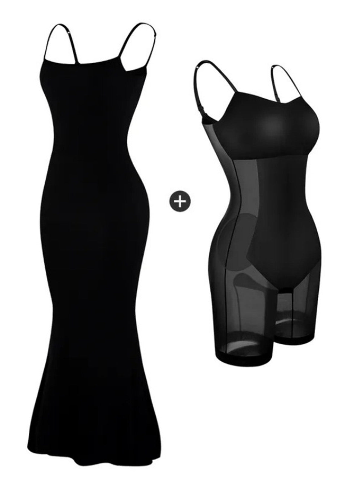 Black 1970s 2-in-1 Shapewear Slip Dress