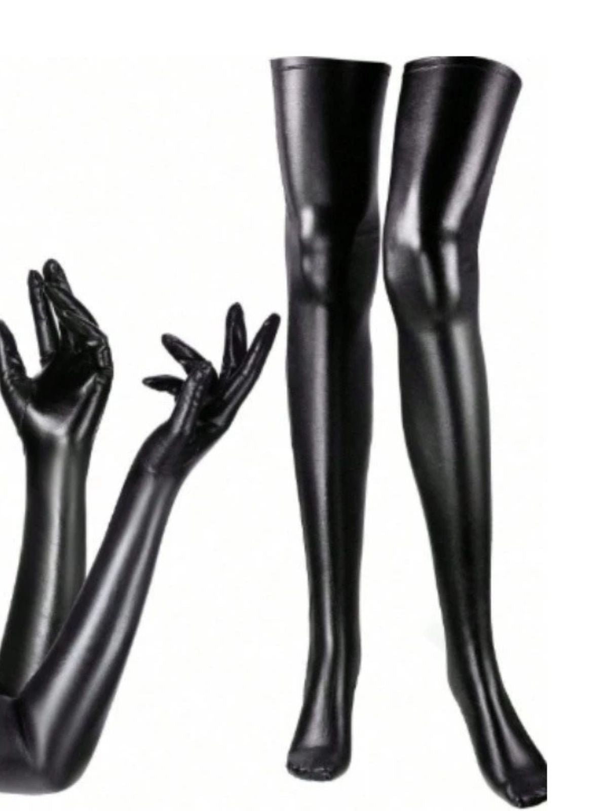 Halloween Black PU Leather Gloves & Thigh High Socks Set