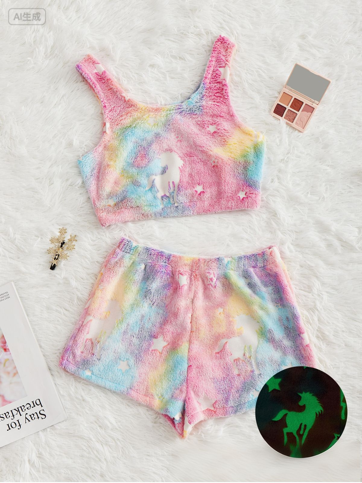 2PCS 1970s Glowing Colorful Print Flannel Pajama Set