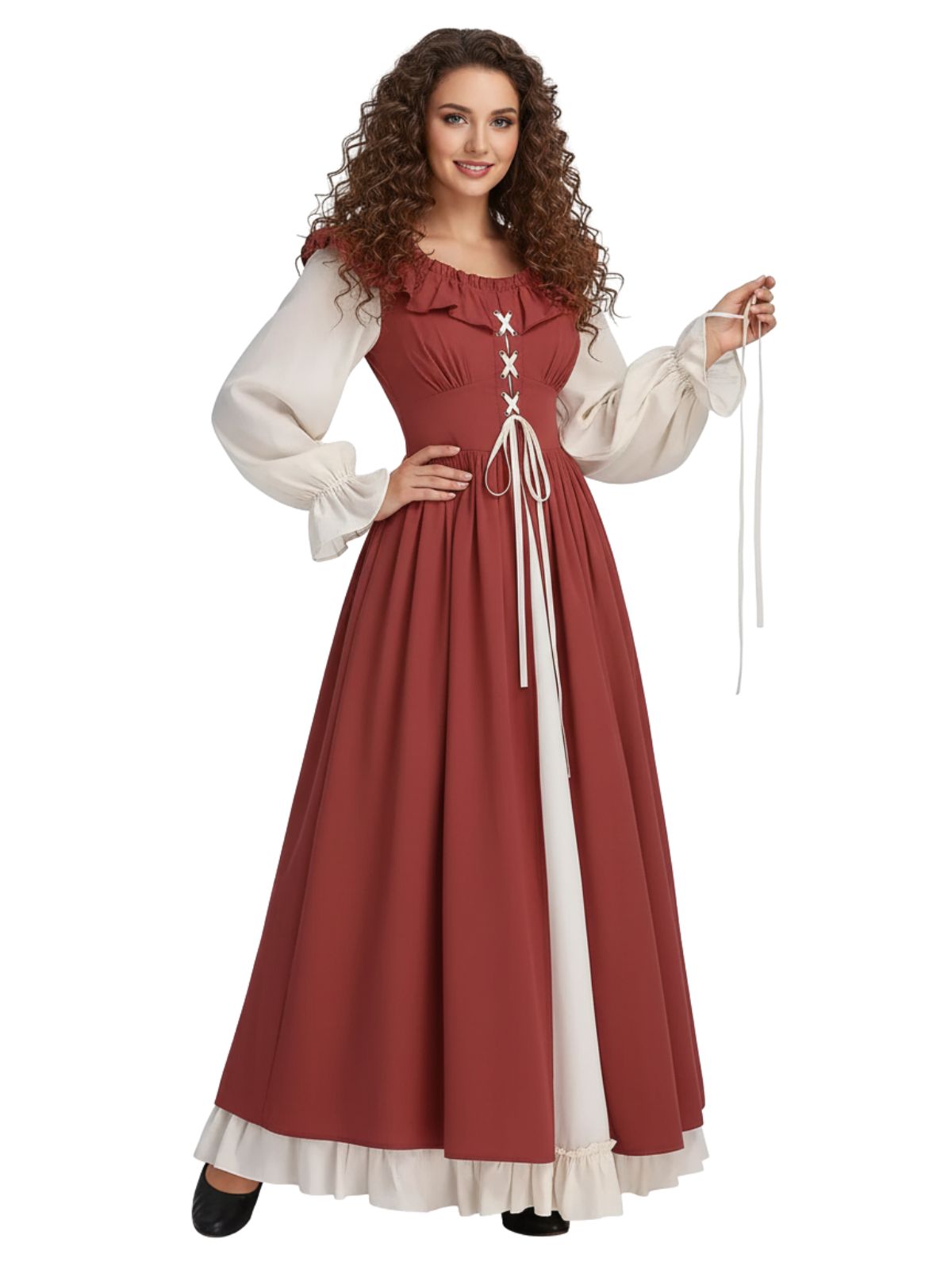 1930s Colorblock Ruffled Lace-Up Renaissance Dress