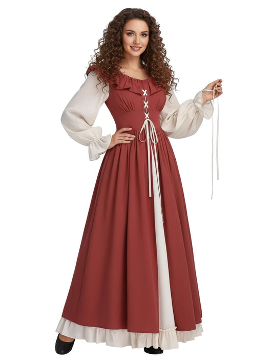 1930s Colorblock Ruffled Lace-Up Renaissance Dress