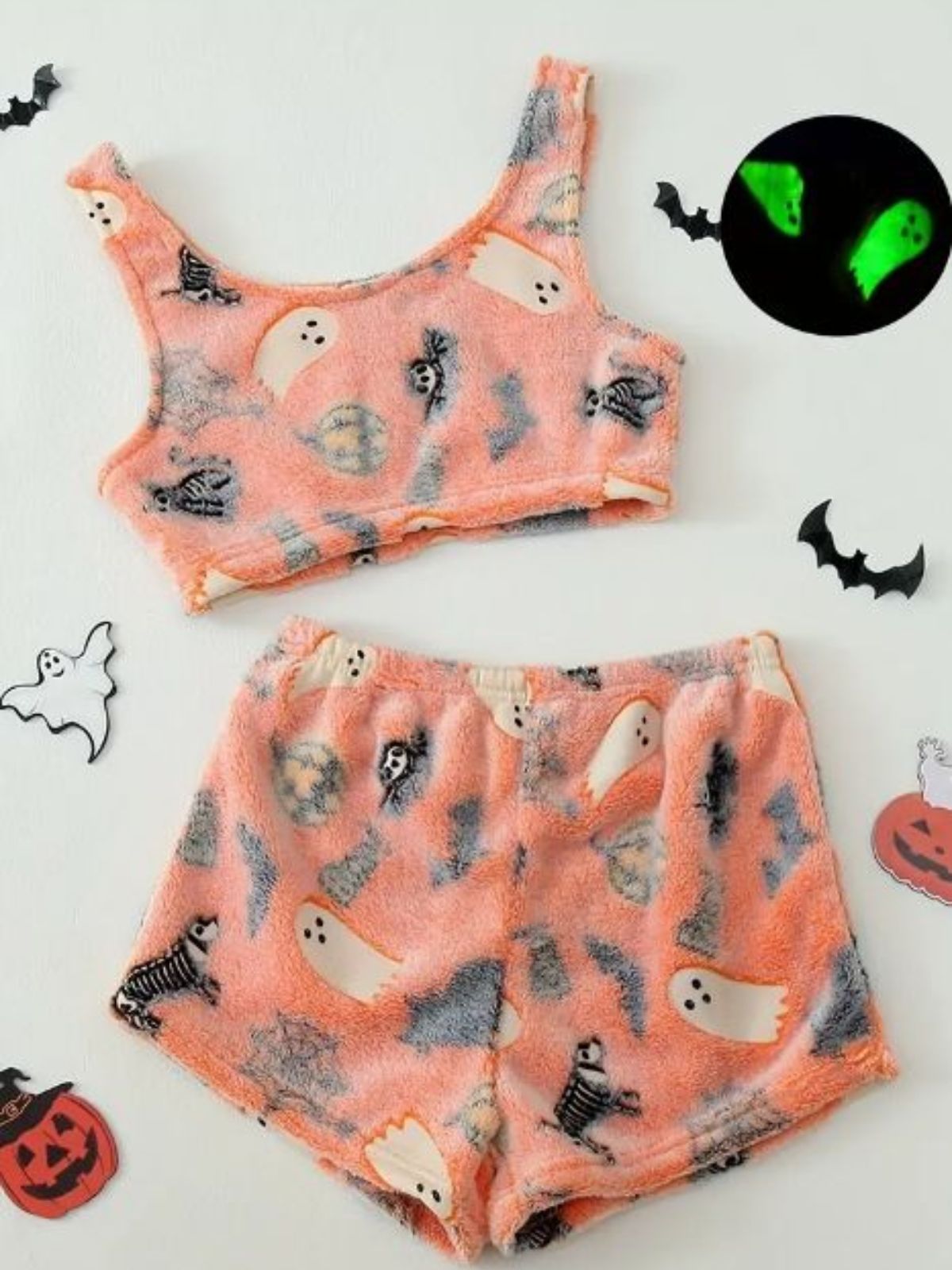 2PCS Orange 1970s Glowing Halloween Ghost Flannel Pajama Set