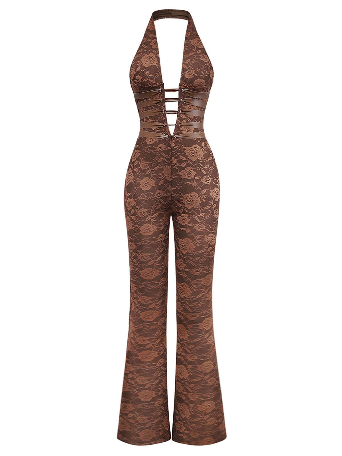 Brown 1970s Solid Lace-Up Floral Lace Jumpsuit