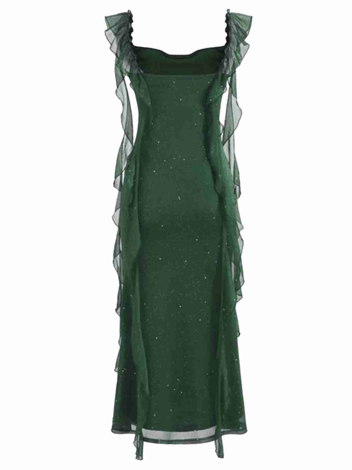 Green 1920s Sparkle Mesh Ruffle Backless Dress