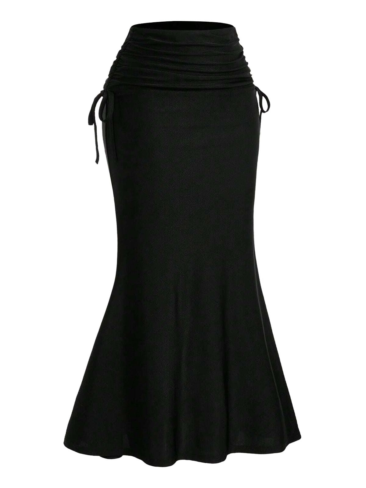 Black 1960s Gothic Ruched Mermaid Maxi Skirt