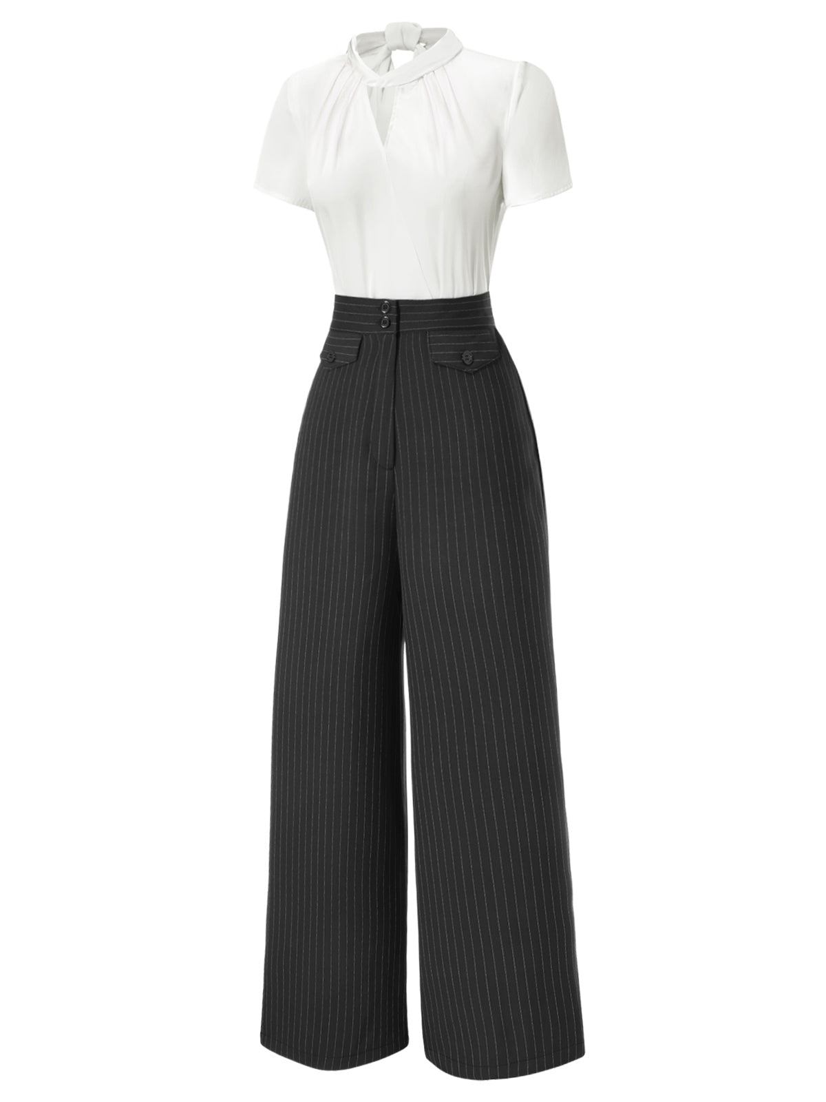 2PCS 1930s White Satin Blouse & Gray Pinstripes Pants
