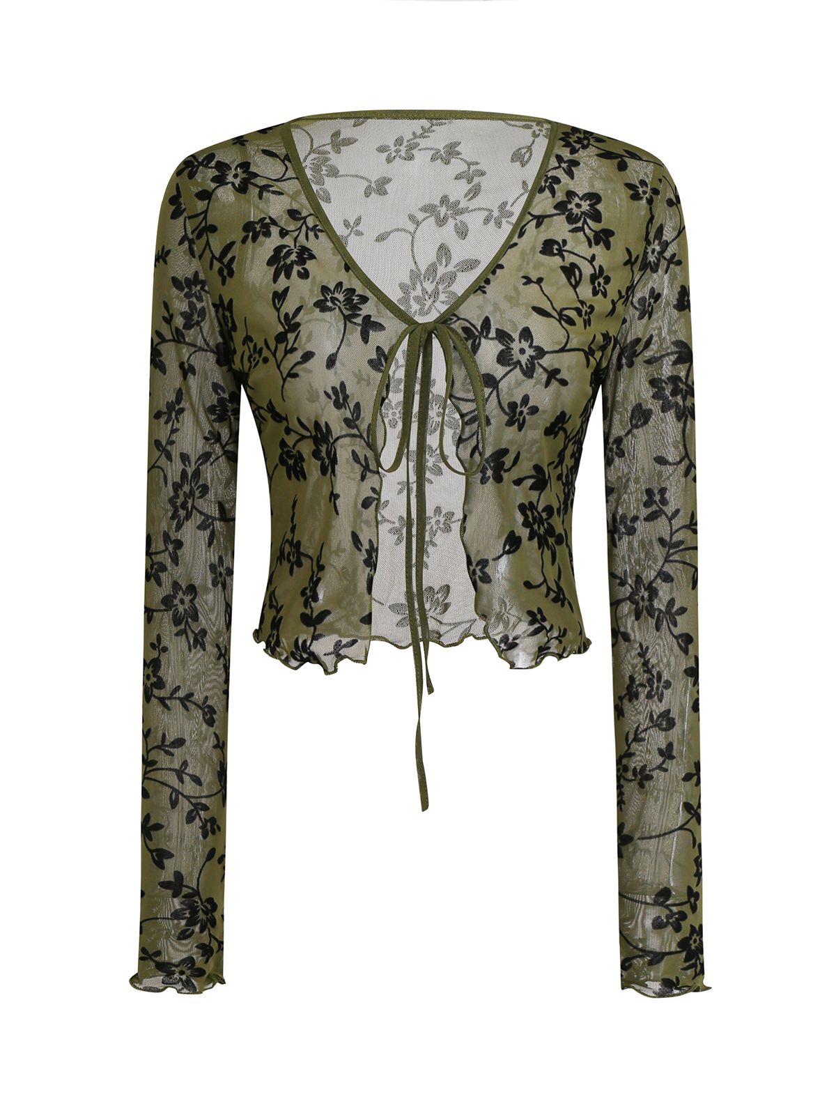 1980s Sheer Botanical Print Lace-Up Cardigan