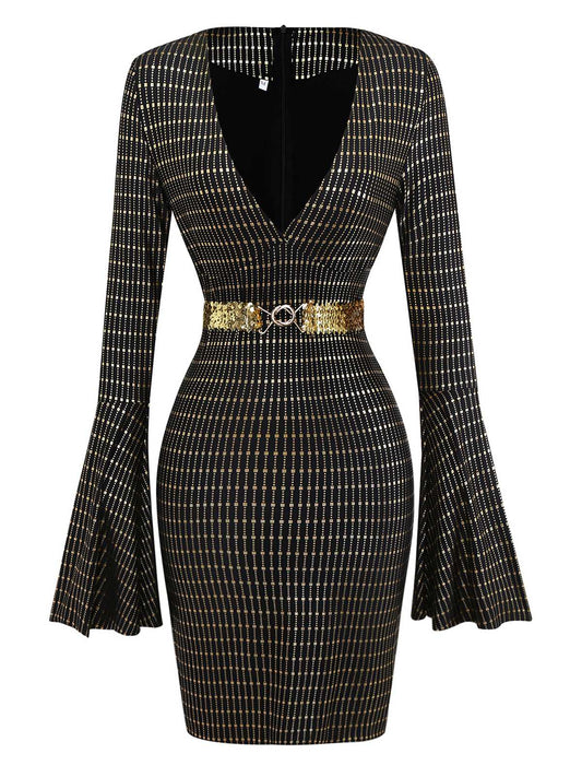 Black 1970s Bell Sleeve Sheer Belted Disco Dress