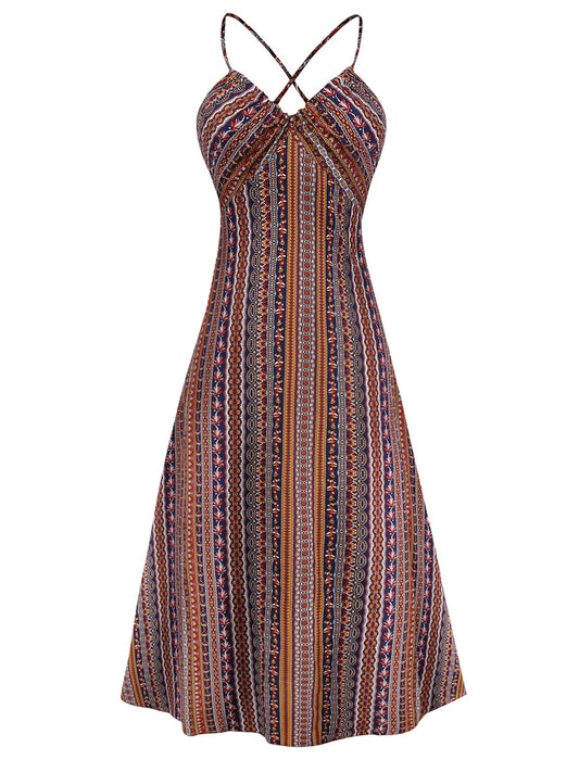 1970s Irregular Print Backless Boho Dress