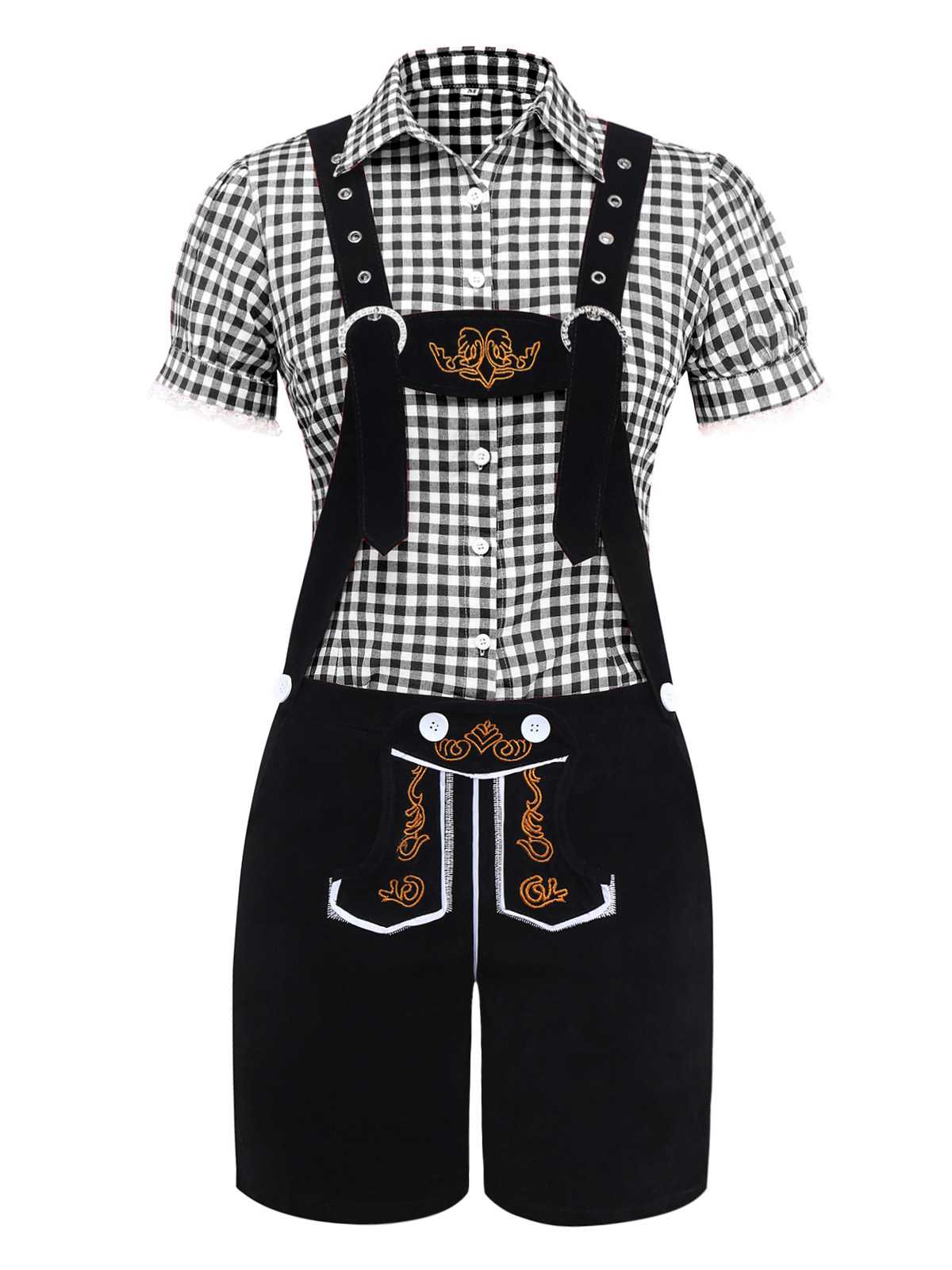 2PCS 1960s Oktoberfest Costume Plaids Blouse & Shorts