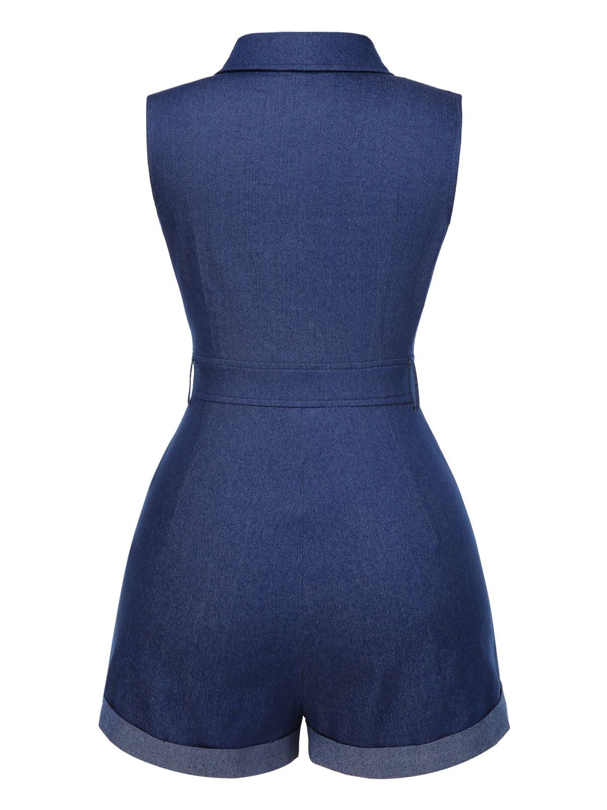 Blue 1970s Solid Cotton Sleeveless Denim Romper