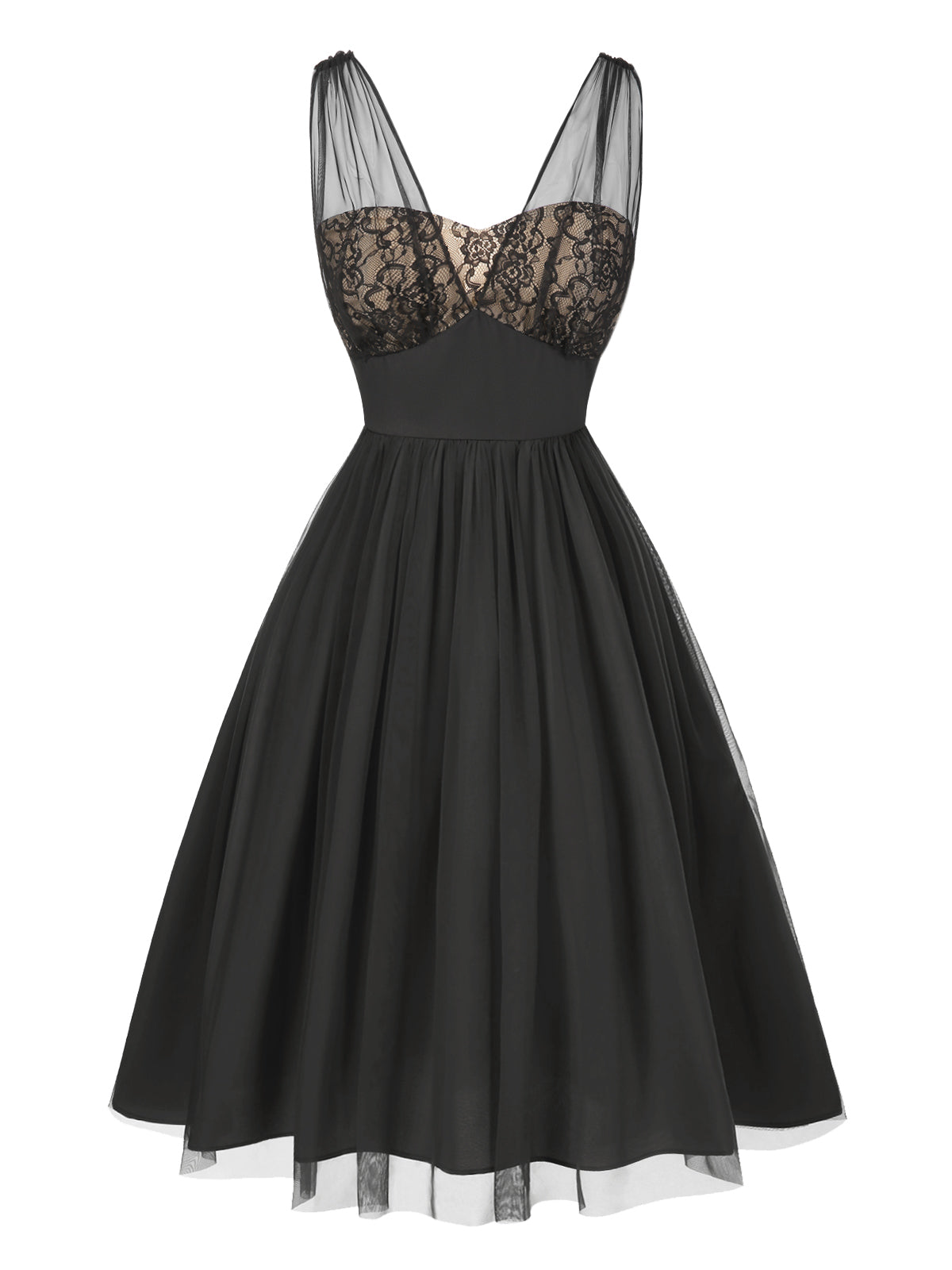 Black 1950s Lace Floral Mesh Swing Dress