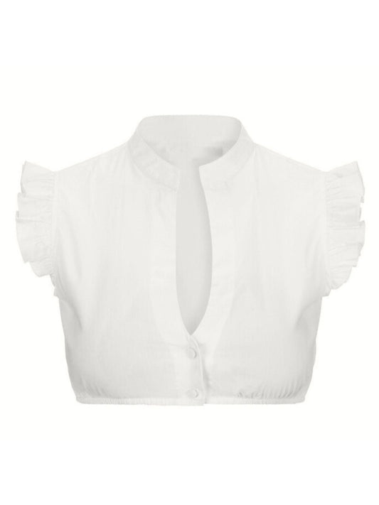 1950s Solid V-Neck Ruffled Sleeve Crop Top