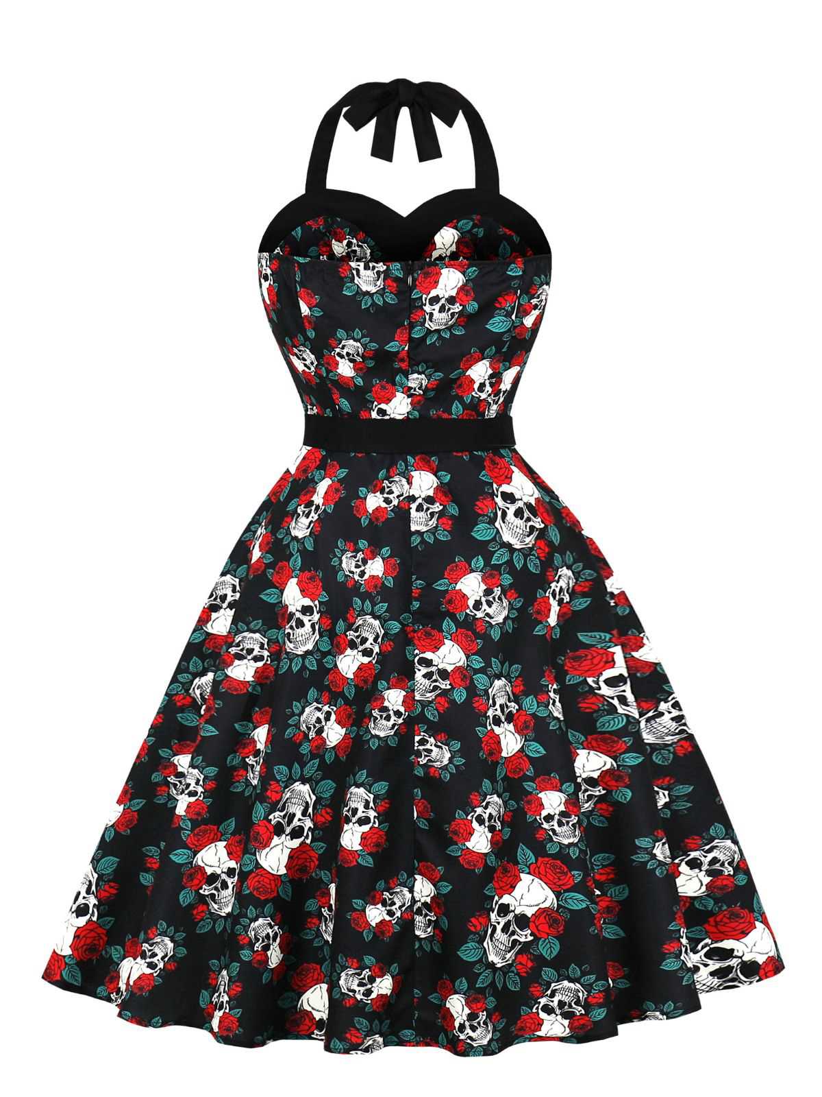 Black 1950s Halloween Skull Roses Halter Dress