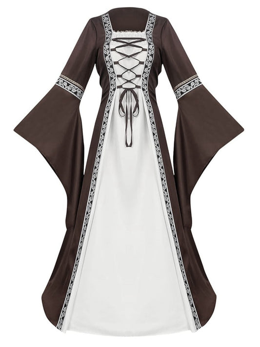 Khaki 1930s Halloween Medieval Bell Sleeve Floral Dress
