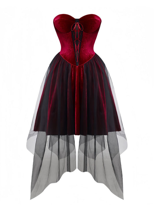 Burgundy 1960s Gothic Mesh Strapless Irregular Hem Dress