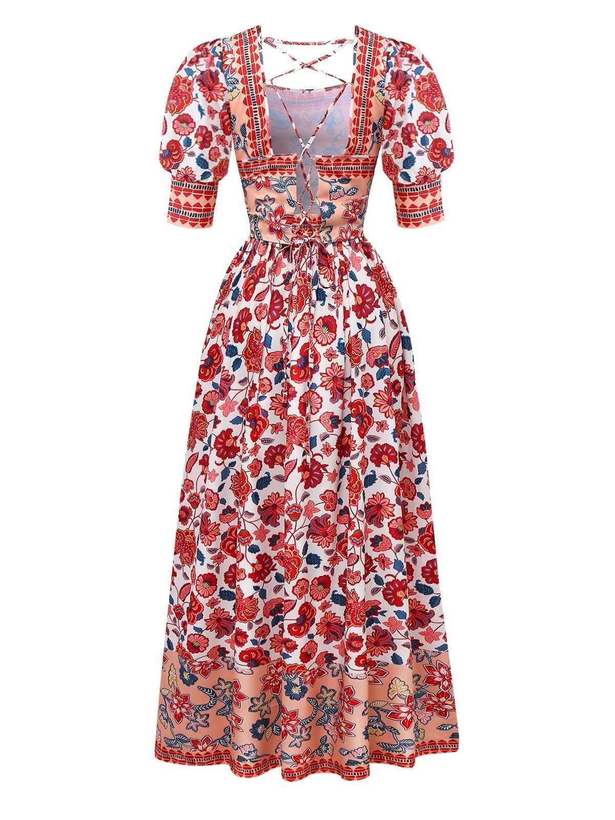 2PCS Red 1930s Floral Lantern Sleeve Cutout Top & Ruched Skirt