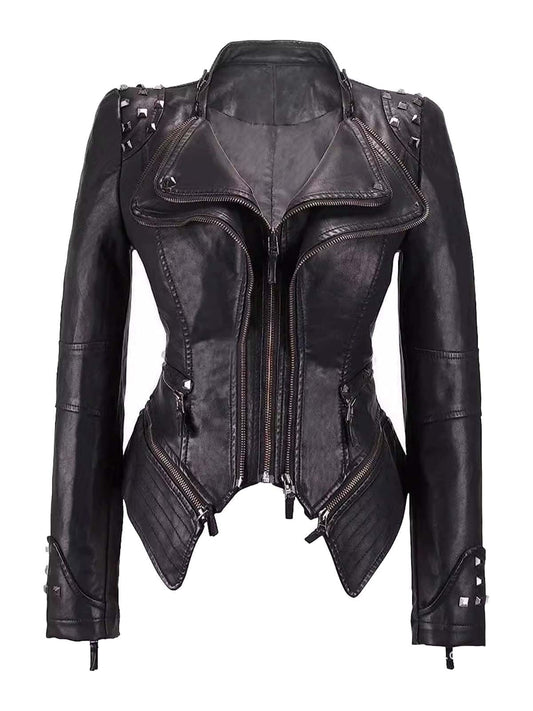 Black 1980s Irregualr Hem Rivet Motocycle Jacket