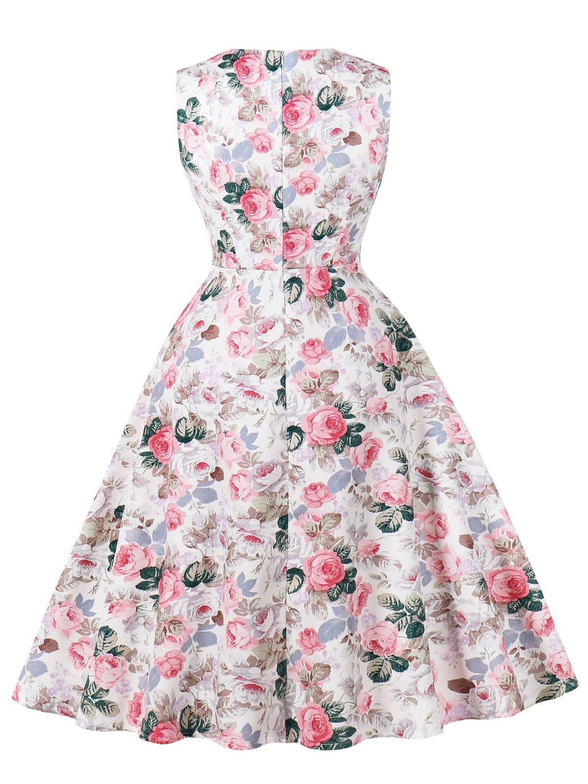 Pink 1950s Floral Bow Sweetheart Neck Swing Dress