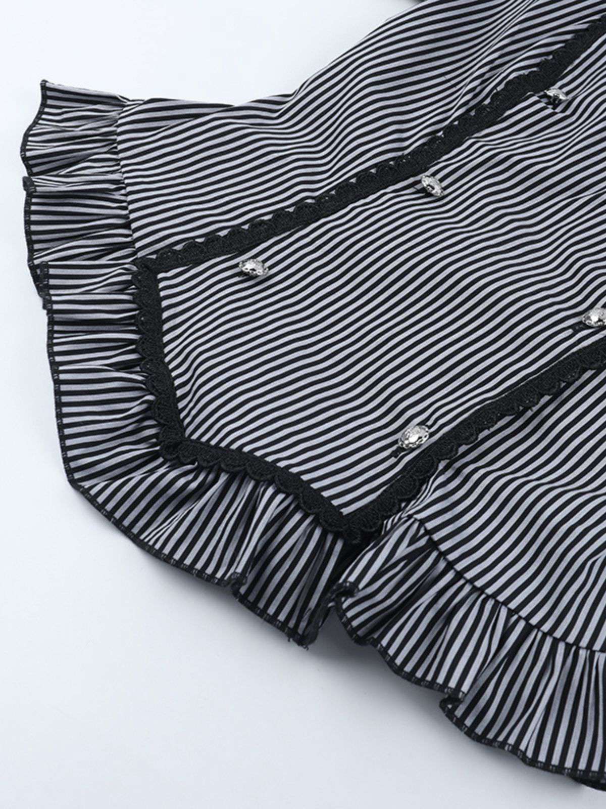 Gray 1930s Vertical Striped Puff Sleeve Ruffled Blouse