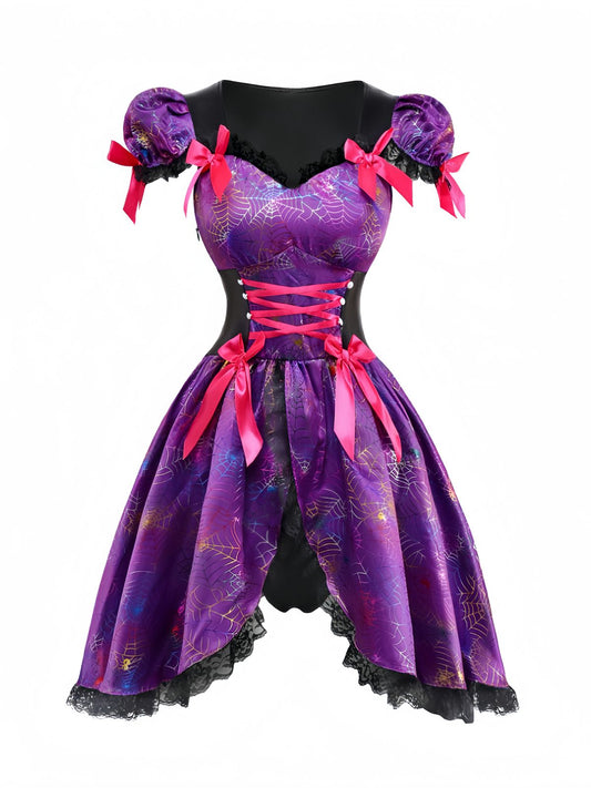 Purple 1970s Halloween Spider Web Witch Lace-Up Dress With Hat