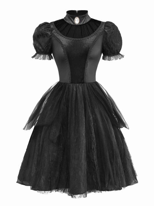Black 1950s Evil Vampire Puff Sleeve Mesh Dress