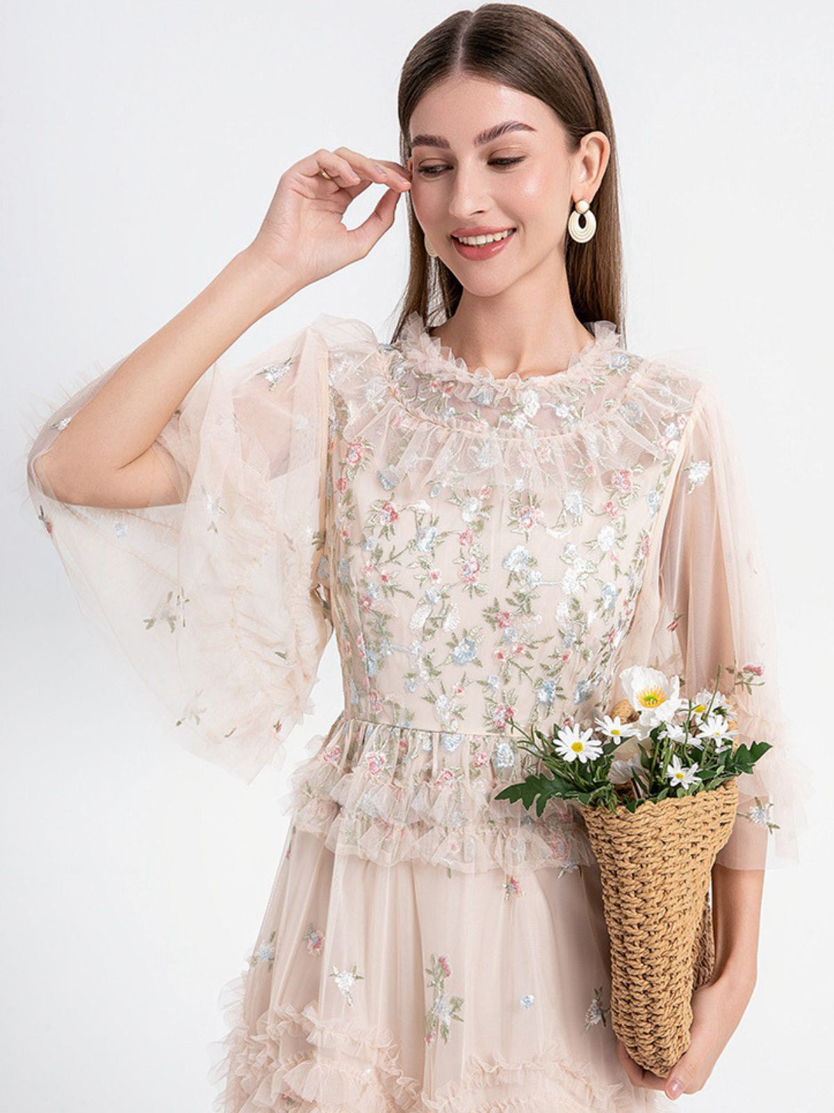 Beige 1930s Floral Embroidery Illusion Mesh Ruffled Dress