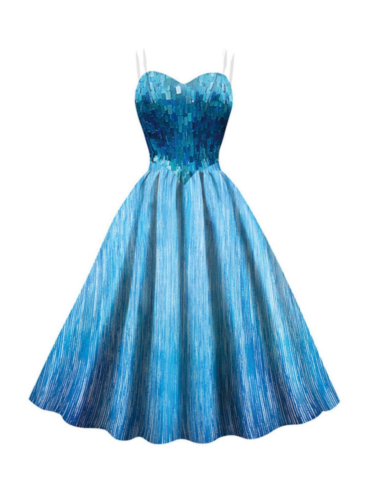 Blue 1950s Halloween Elsa Sequined Snowflake Spaghetti Strap Dress