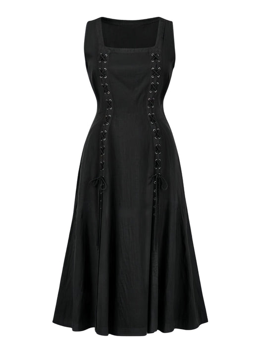 Black 1940s Medieval Renaissance Sleeveless Slit Dress