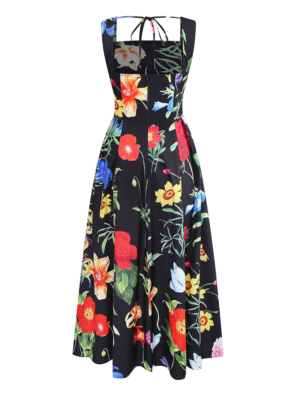 Black 1930s Square Neck Floral Maxi Dress