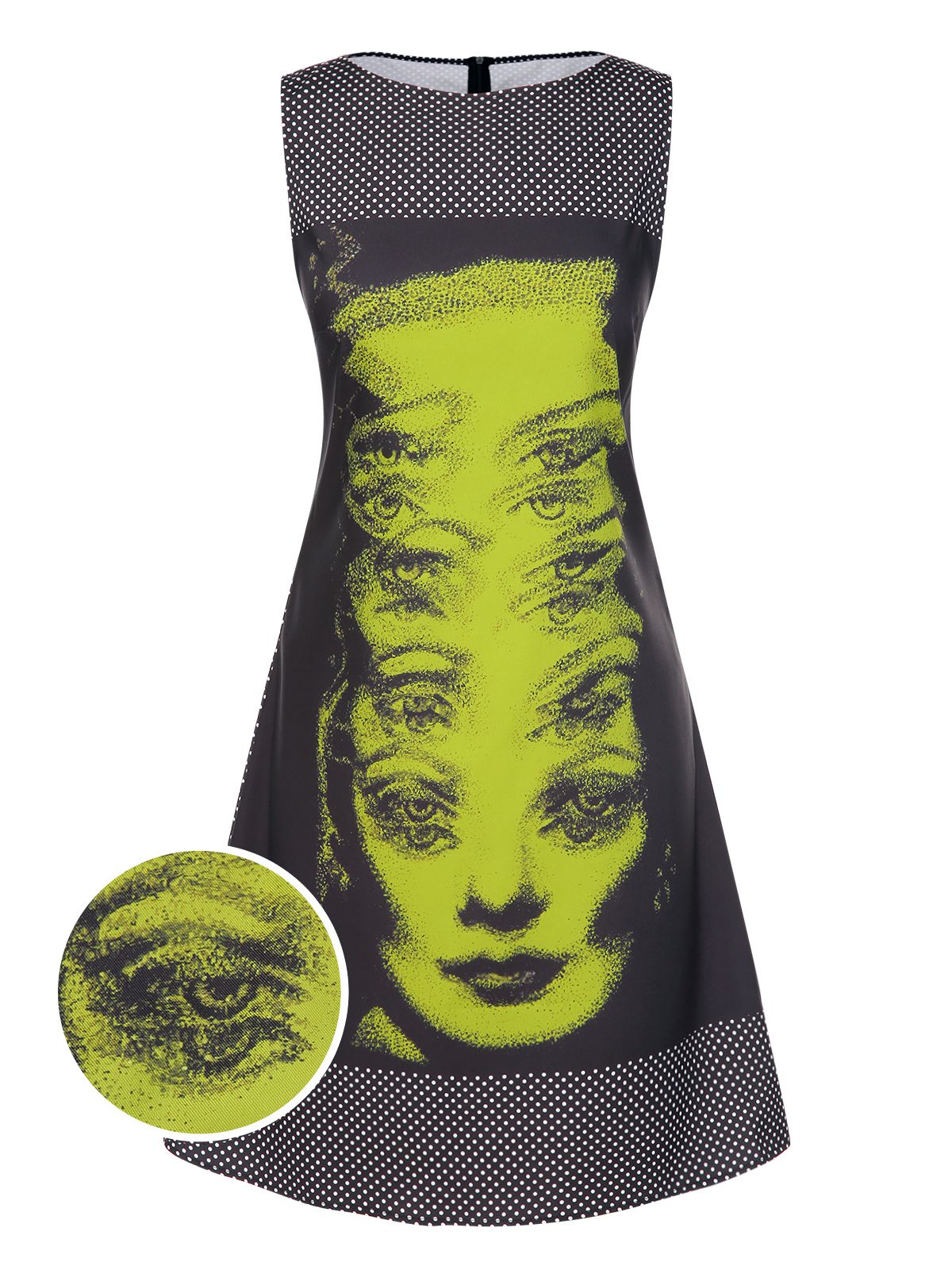 Black 1960s Face Print Polka Dot Dress
