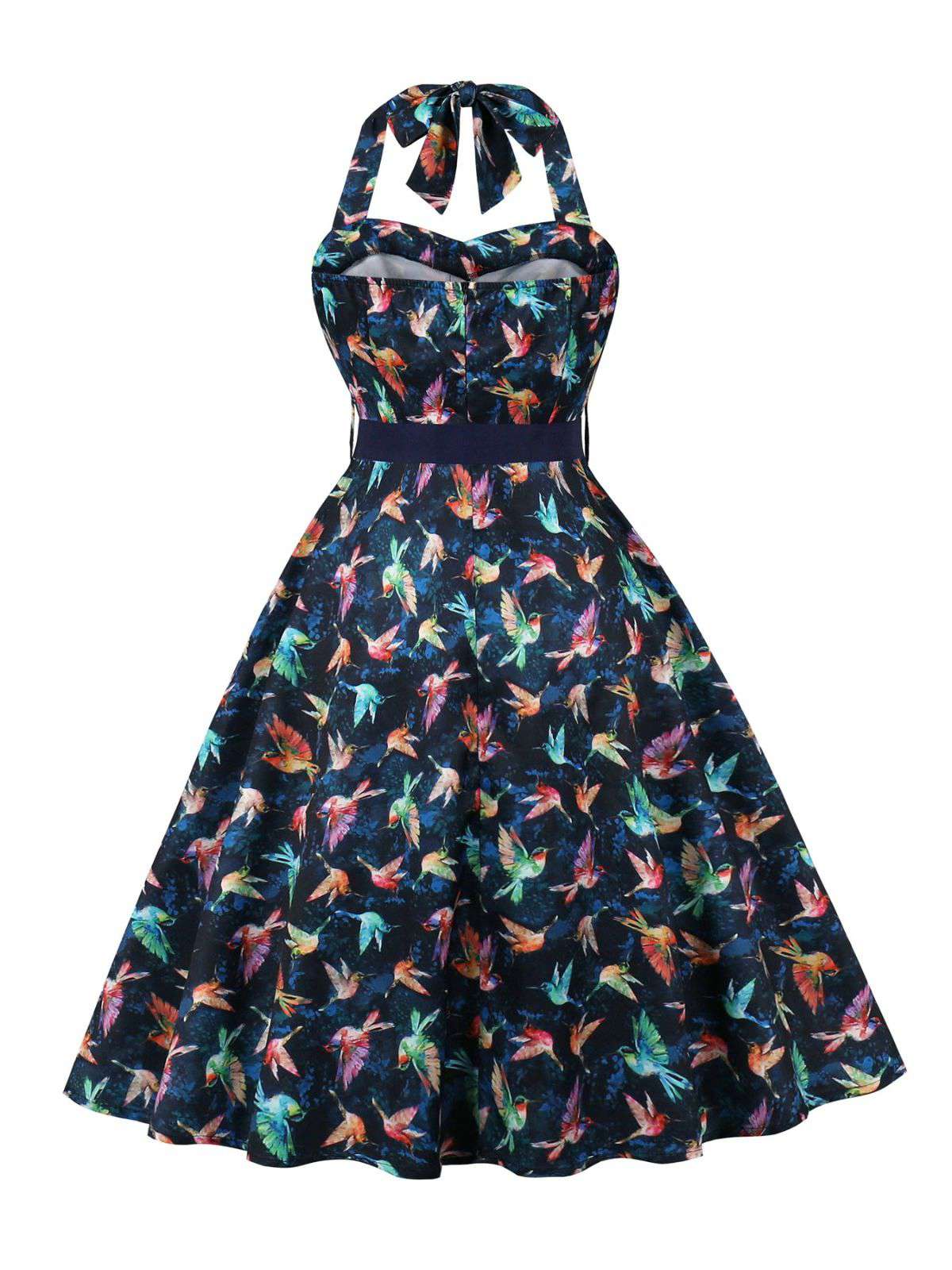 Multicolor 1950s Bird Halter Neck Belted Dress
