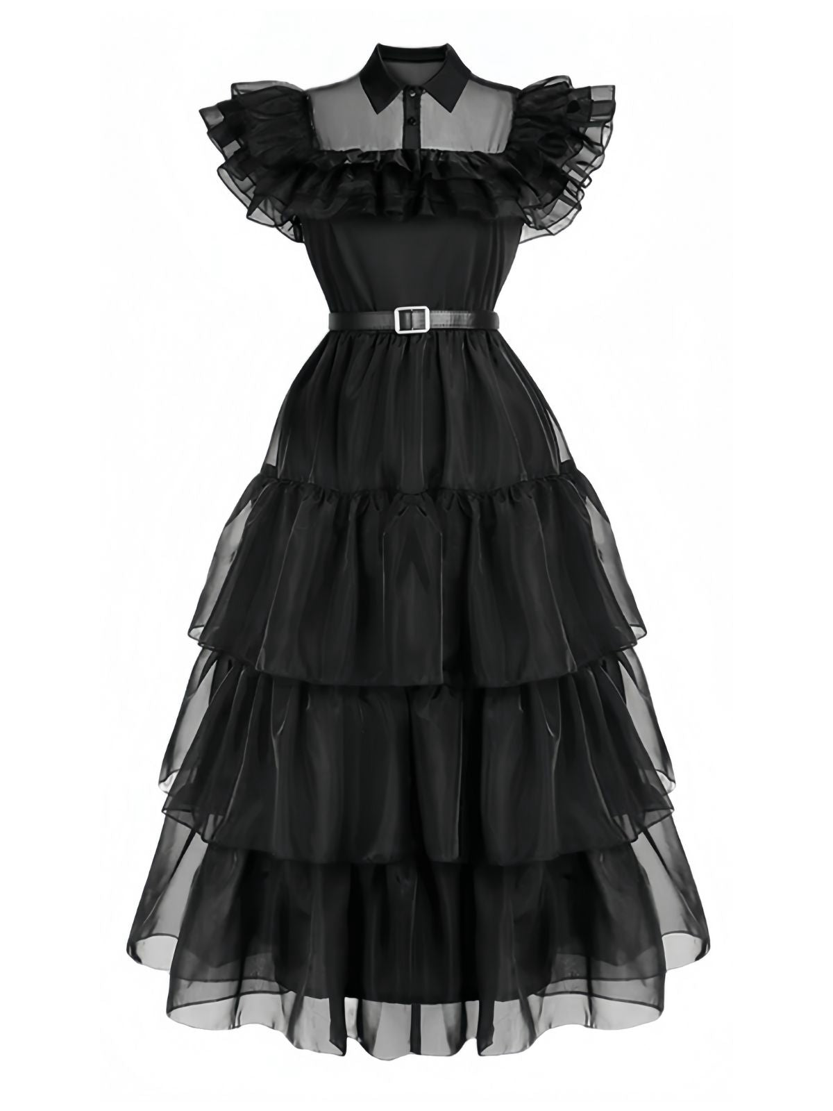 Black 1950s Halloween Organza Ruffled Lapel Dress
