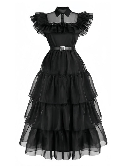 Black 1950s Halloween Organza Ruffled Lapel Dress