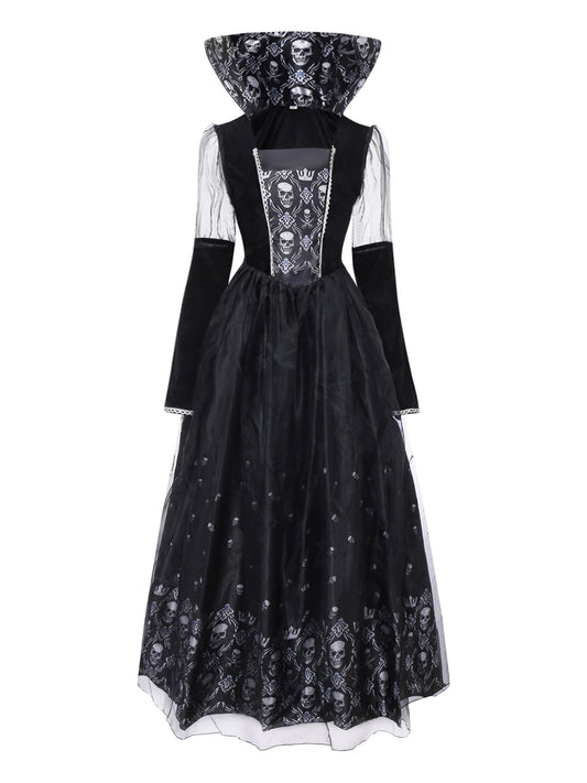 Black 1980s Queen Skull Long Sleeve Mesh Dress