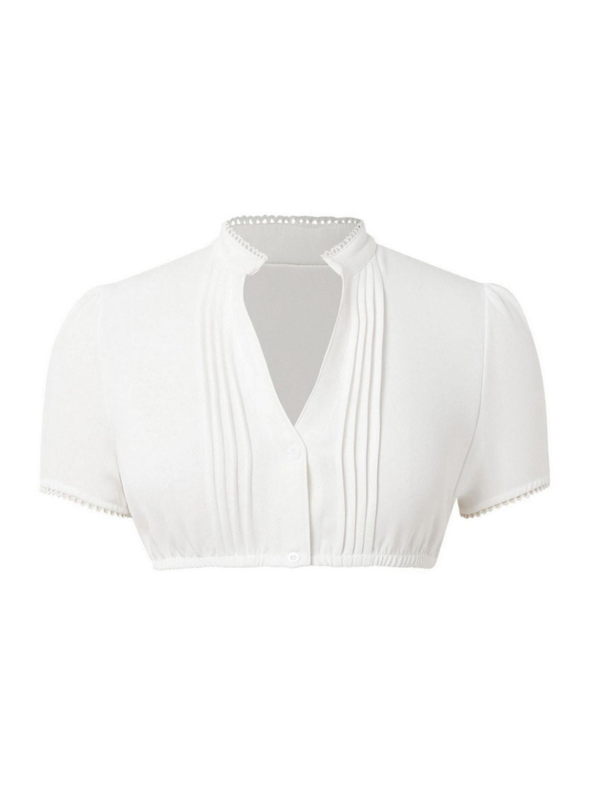 White 1950s Solid Pleated V-Neck Puff Crop Blouse
