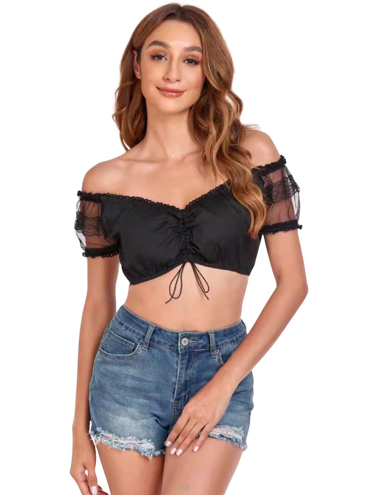 1950s Solid Lace Ruffled Ruched Crop Top