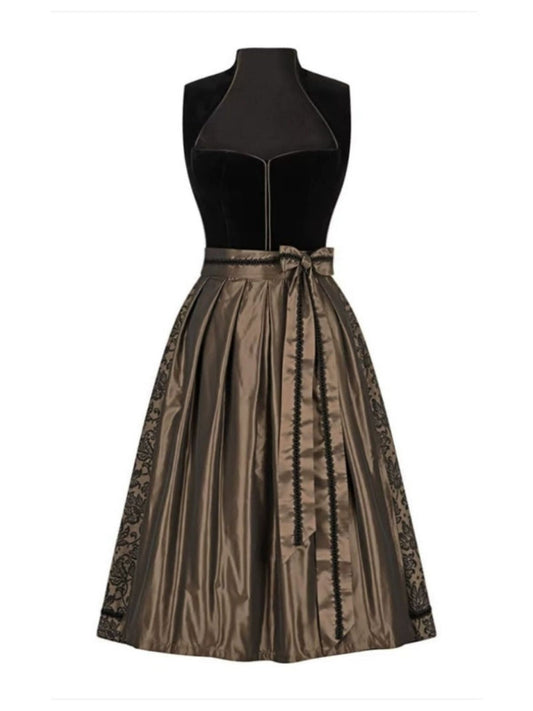 Brown 1950s Crochet Velvelt Dress & Satin Pleated Apron