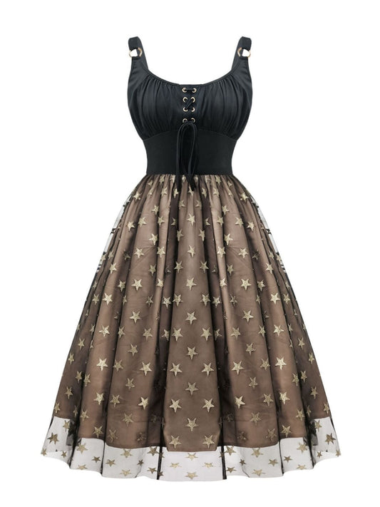 Black 1950s Gold Star Sequined Mesh Ruched Dress